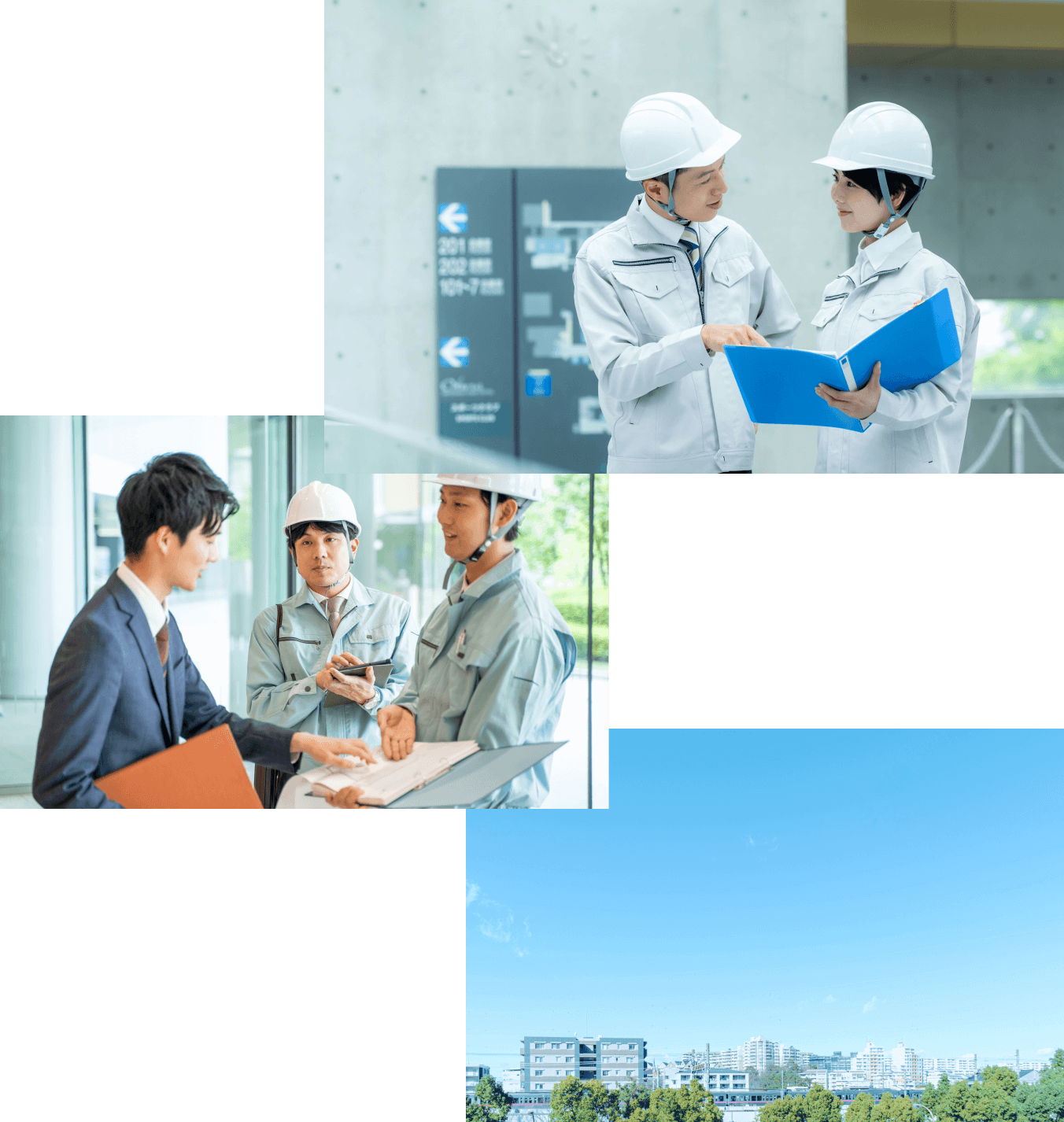 現場で働く人やマンションの外観